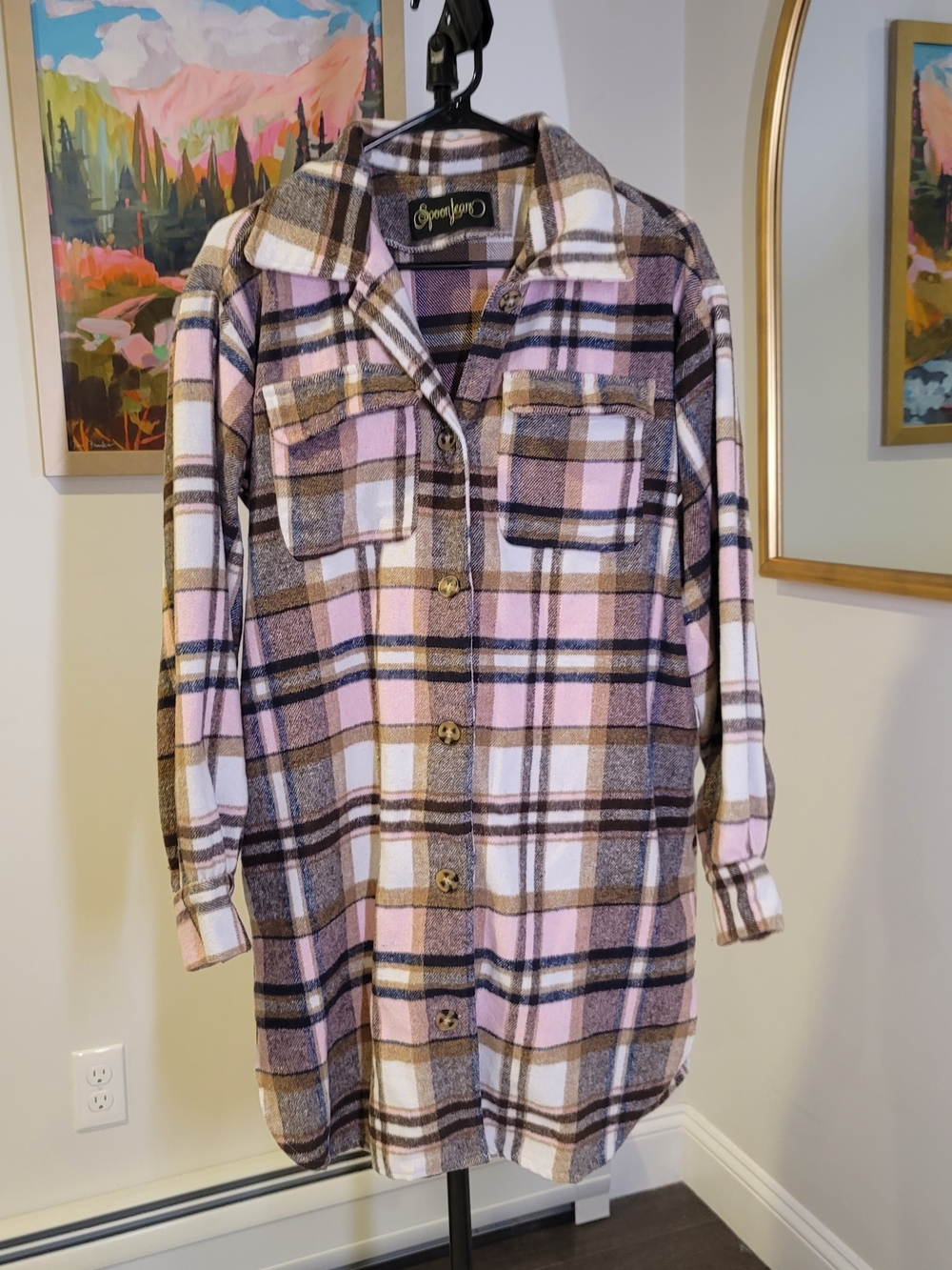 SPOON JEANS Pink Plaid Flannel Shacket Women's Size L